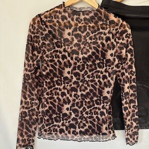 SHEIN Leopard Sheer Mesh Long Sleeve Top Caramel to Espresso Size S